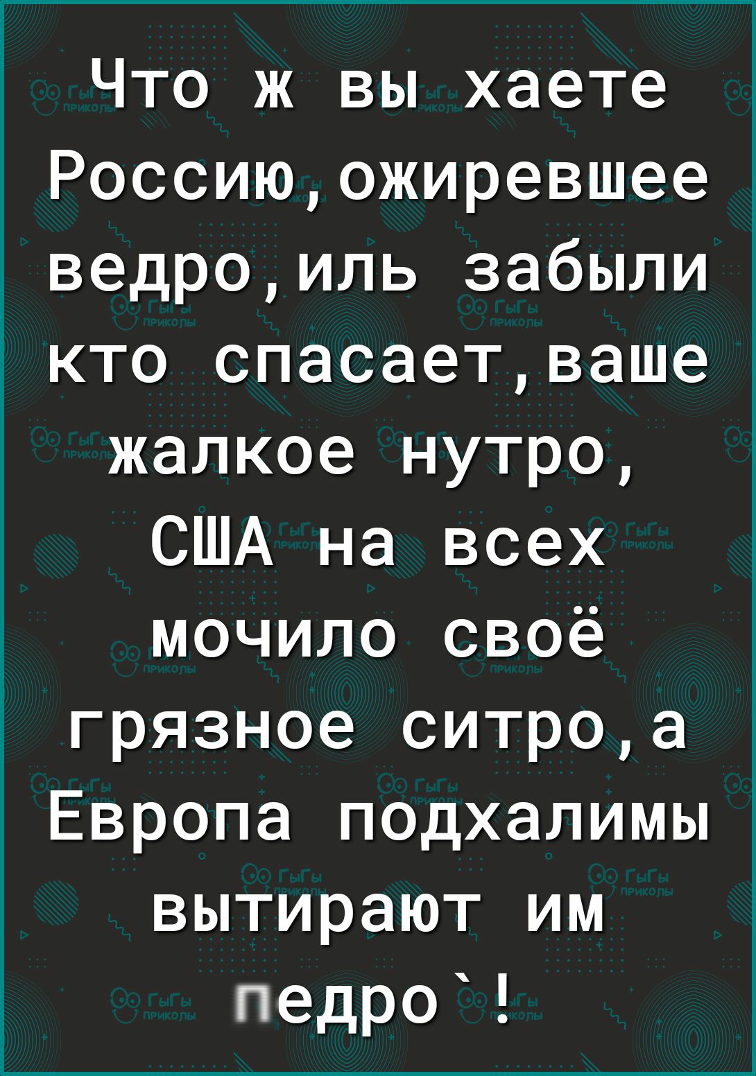 Что ж вы хаете Россиюожиревшее3 1 ведроиль забыли кто спасаетваше жалкое нутро США на всех мочило своё грязное ситроа Европа подхалимы вытирают им педро