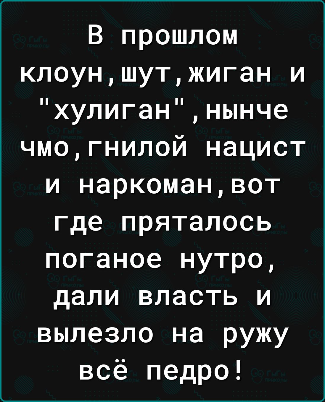 В прошлом кпоуншутжиган и хулиганнынче чмогнилой нацист и наркоманвот где пряталось поганое нутро дали власть и вылезло на ружу всё педро