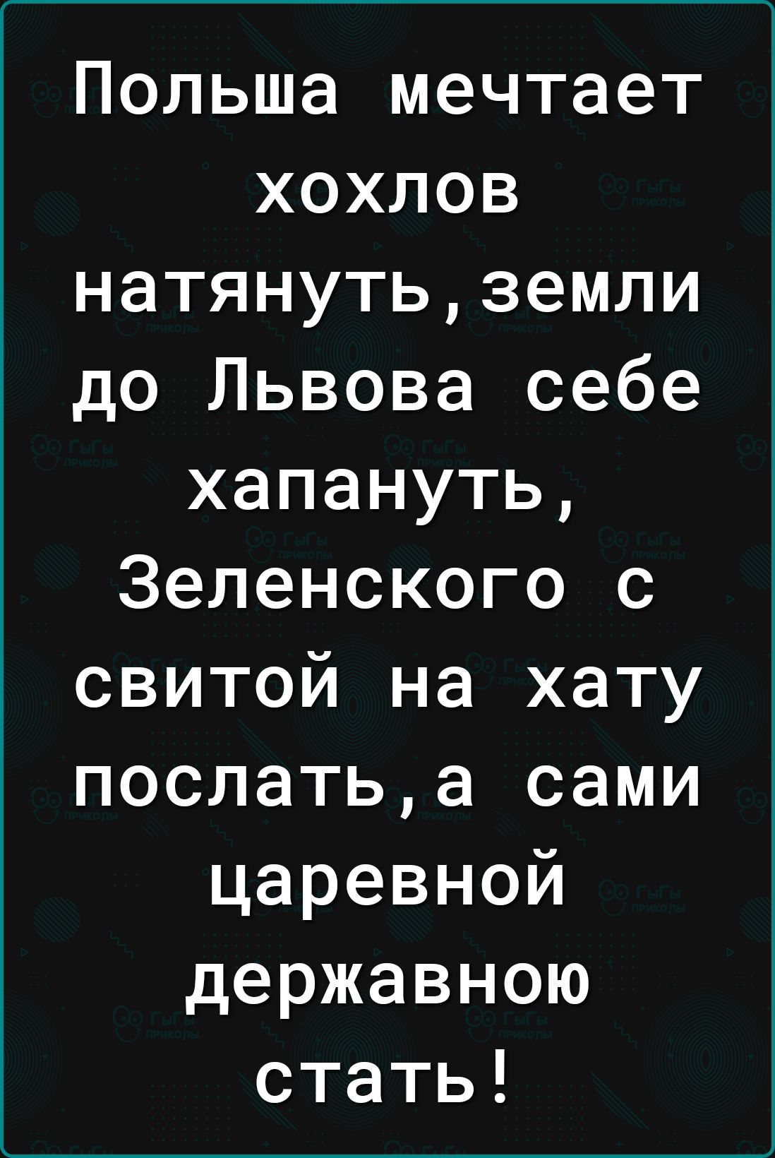 Польша мечтает хохлов натянутьземли до Львова себе хапануть Зеленского с свитой на хату послатьа сами царевной державною стать