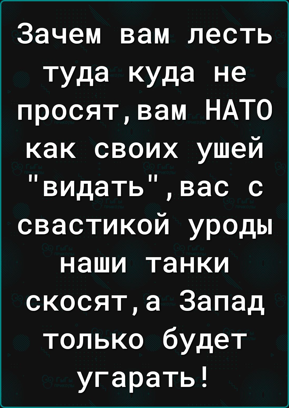 Зачем вам лесть туда куда не просятвам НАТО как своих ушей видатьвас с свастикой уроды наши танки скосята Запад только будет угарать