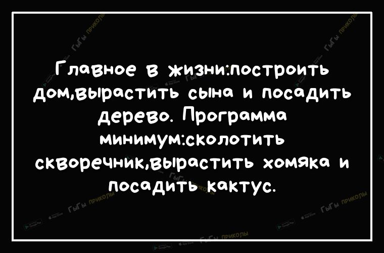 Г пивное в жизниапостроить домвЬпростить сымо и посадить дерево Програмне минимумютлотить скворечниквыростить хомяка и посадить Кактус