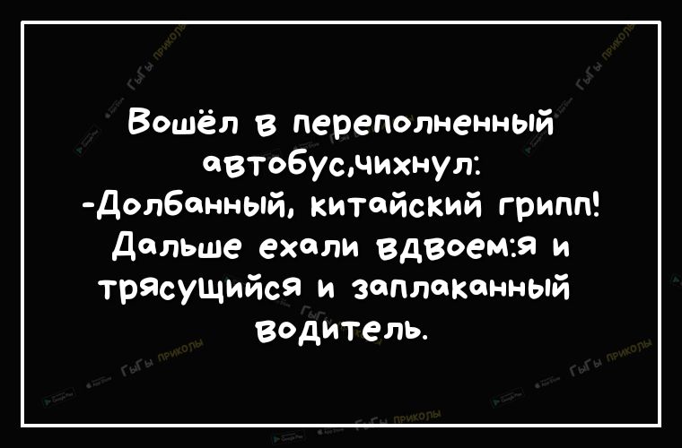 Вошёл в переполненный автобусмихнул Долбонный китайский грипп дольше ехали вдвоемая и трясущийся и заплаканный водитель