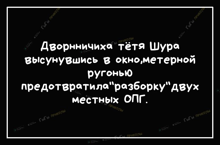 Дворнничихо тётя Шура ВЫсунувшись в окнометерной ругоныо предотвротилорозборкудвух местных ОПГ