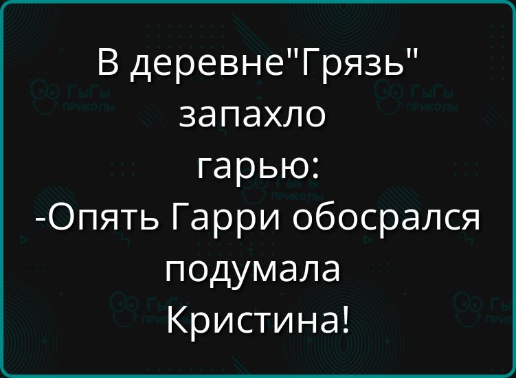 В деревнеГрязь запахло гарью Опять Гарри обосрался подумала Кристина