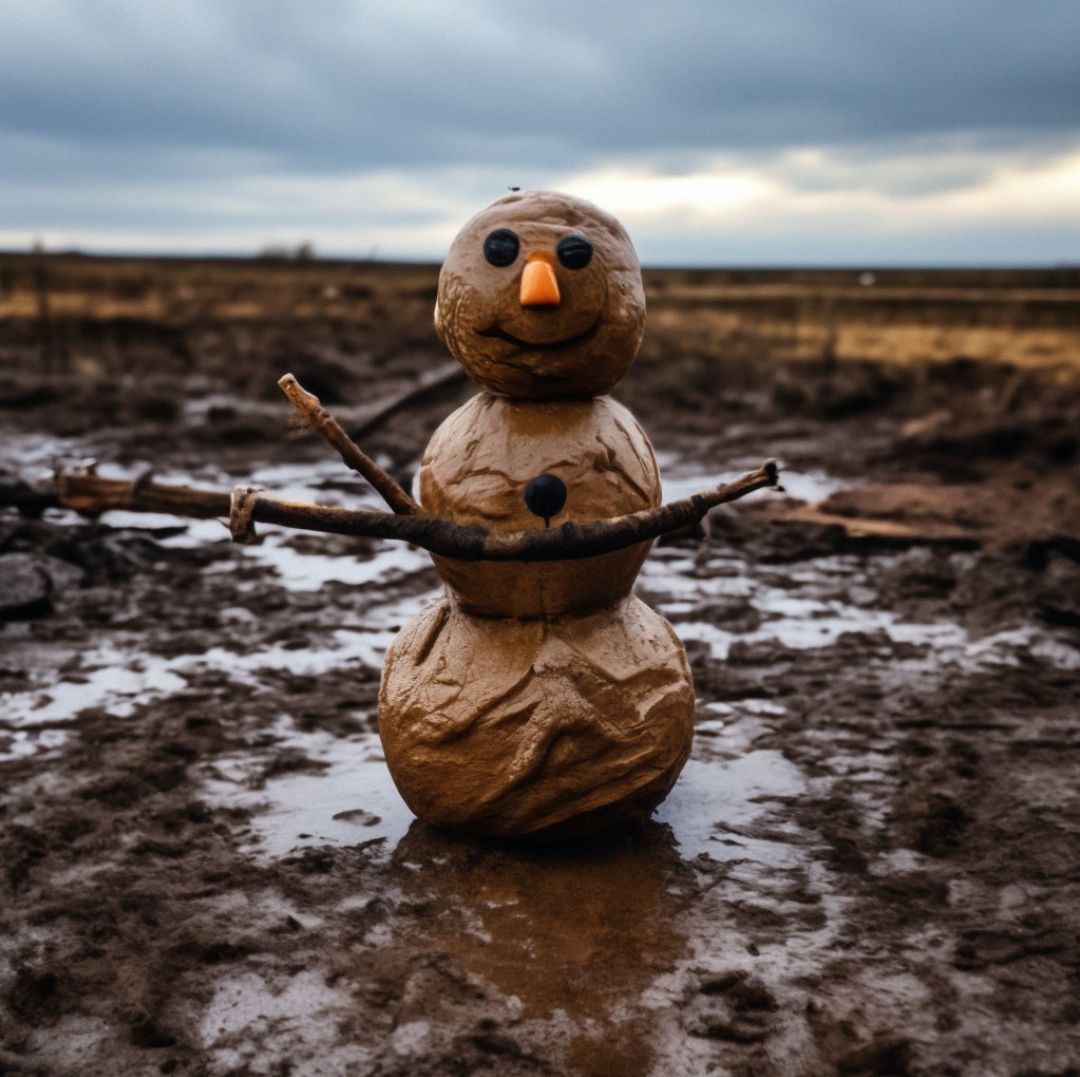 Глиняный снеговик на грязном поле в сумрачную погоду