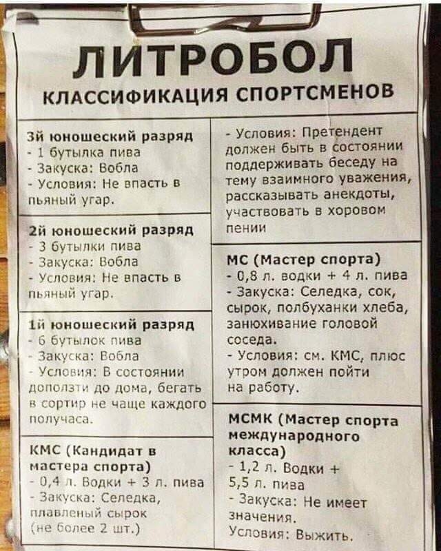 зй юношеский разряд 1 бутылка пива Закуска Вобла Условия Не впасть в пьяный угар 2й юношеский разряд 3 буть пки пива Закуска Вобла ышвпя не впасть в шшът титр юмошески разряд о чи два Пипа В растоянии ЦО дюна бетать т и чсщц каждого пинг и 4 ШЩч тг КМС Кандидат в пастцрц спирта к Нашы 3 п пива Сспсдка и ИЭК нм ЛИТРОБОЛ КЛАССИФИКАЦИЯ СПОРТСМЕНОВ Условия Претендент должен быть в состоянии поддержива