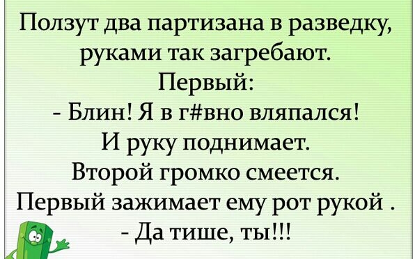 Ползут два партизана в разведку руками так загребают Первый Блин Я в гвно вляпался И руку поднимает Второй громко смеется Первый зажимает ему рот рукой Да тише ты