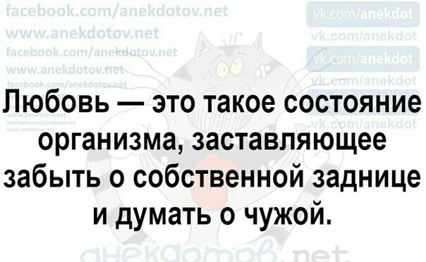 Любовь это такое состояние организма заставляющее забыть о собственной заднице и думать с чужой