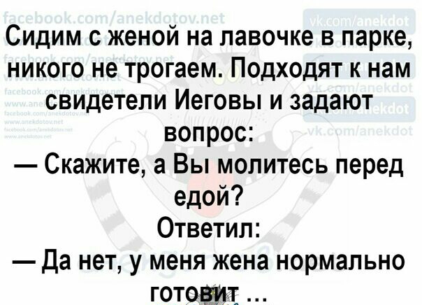 Сидим с женой на лавочке в парке никого не трогаем Подходят к нам свидетели Иеговы и задают вопрос Скажите а Вы молитесь перед едой Ответил Да нет у меня жена нормально готовит