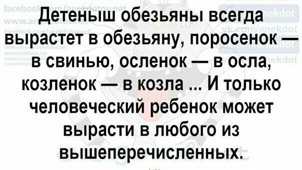 детеныш обезьяны всегда вырастет в обезьяну поросенок в свинью оспенок в осла козленок в козла И только человеческий ребенок может вырасти в любого из вышеперечисленных