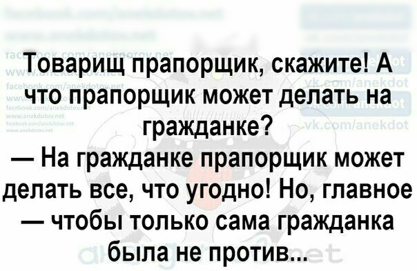 Товарищ прапорщик скажите А что прапорщик может делать на гражданке На гражданке прапорщик может делать все что угодно Но главное чтобы только сама гражданка была не против