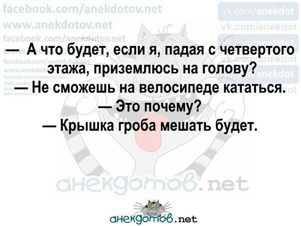 А что будет если я падая с четвертого этажа приземлюсь на голову Не сможешь на велосипеде кататься Это почему Крышка гроба мешать будет онеиэо об пет