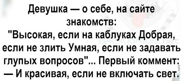 девушка о себе на сайте знакомств Высокая если на каблуках Добрая если не злить Умная если не задавать глупых вопросов Первый коммент И красивая если не включать свет