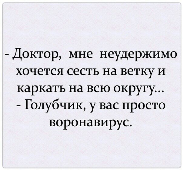 Доктор мне неудержимо хочется сесть на ветку И каркать на всю округу Голубчик у вас просто воронавирус