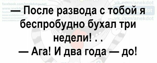 После развода с тобой я беспробудно бухал три недели Ага И два года до
