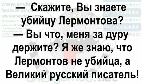 Скажите Вы знаете убийцу Лермонтова Вы что меня за дуру держите Я же знаю что Лермонтов не убийца а Великий русский писатель