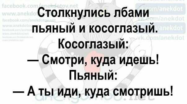 Столкнулись лбами пьяный и косоглазый Косоглазый Смотри куда идешь Пьяный А ты иди куда смотришь