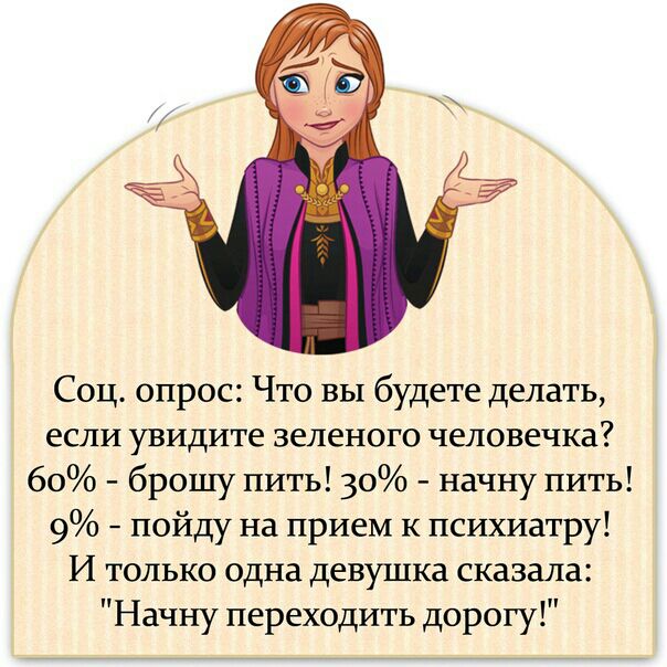 Соц опрос Что вы будете делать если увидите зеленого человечка 60 брошу пить 30 начну пить 9 пойду на прием к психиатру И только одна девушка сказала Начну переходить дорогу