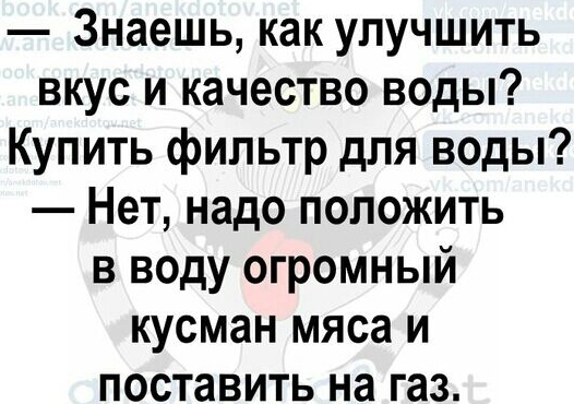 Знаешь как улучшить вкус и качество воды Купить фильтр для воды Нет надо положить в воду огромный кусман мяса и поставить на газ