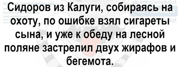 Сидоров из Калуги собираясь на охоту по ошибке взял сигареты сына и уже к обеду на лесной поляне застрелил двух жирафов и бегемота