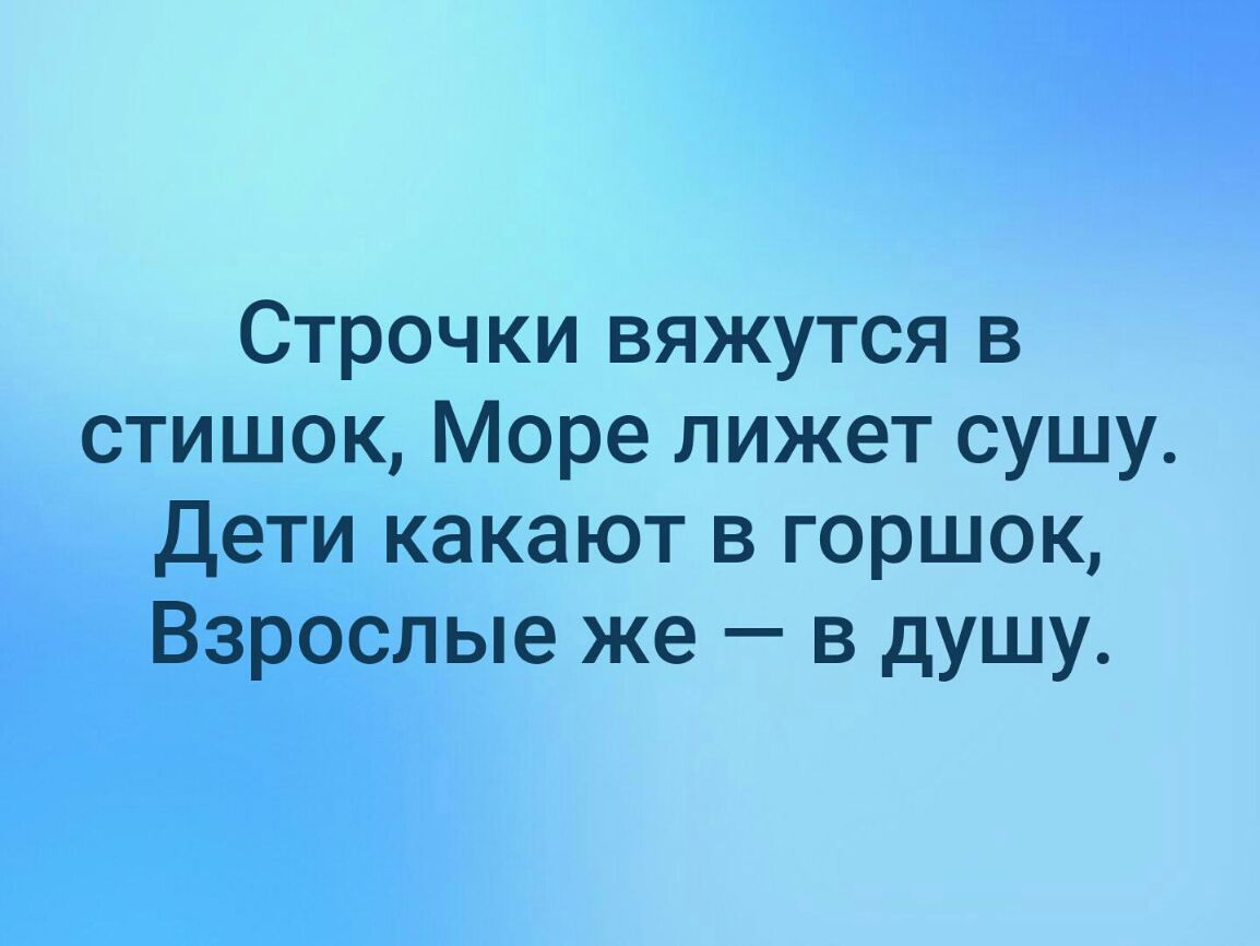 Строчки вяжутся в стишок Море лижет сушу Дети какают в горшок Взрослые же в душу