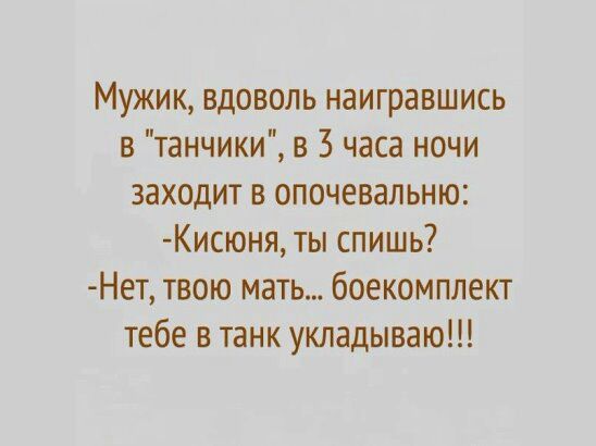 Мужик вдоволь наигравшись в танчики в 3 часа ночи заходит в опочевальню Кисюня ты спишь Нет твою мать боекомплект тебе в танк укладываю