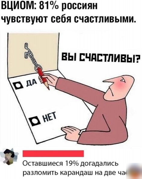 ВЦИОМ 81 россиян чувствуют себя счастливыми ВЫ СЧдБТПИВЫ Оставшиеся 19 догадались разломить карандаш на две чак