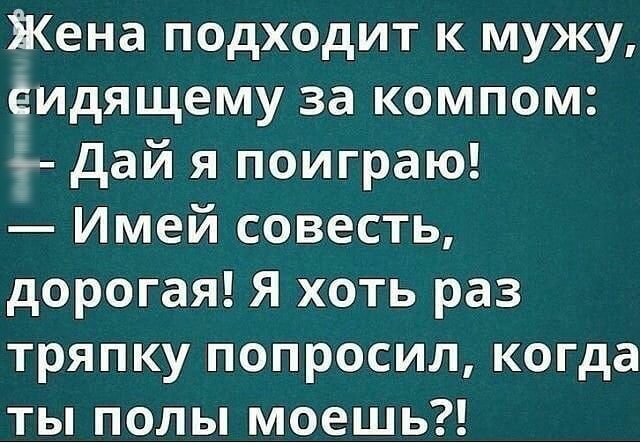 Жена подходит к мужу еидящему за компом дай я поиграю Имей совесть дорогая Я хоть раз тряпку попросил когда ты полы моешь