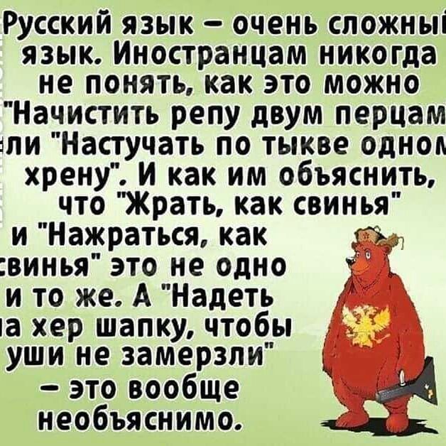 Русский язык очень спожныі язык Иностранцам никогда не понять как это можно Начистить репу двум перцам ши Настучать по тыкве одноп хрену И как им объяснить что Жрать как свинья и Нажраться как винья это не одно и то же А Надеть іа хер шапку чтобы уши не замерзли это вообще необъяснимо Щ
