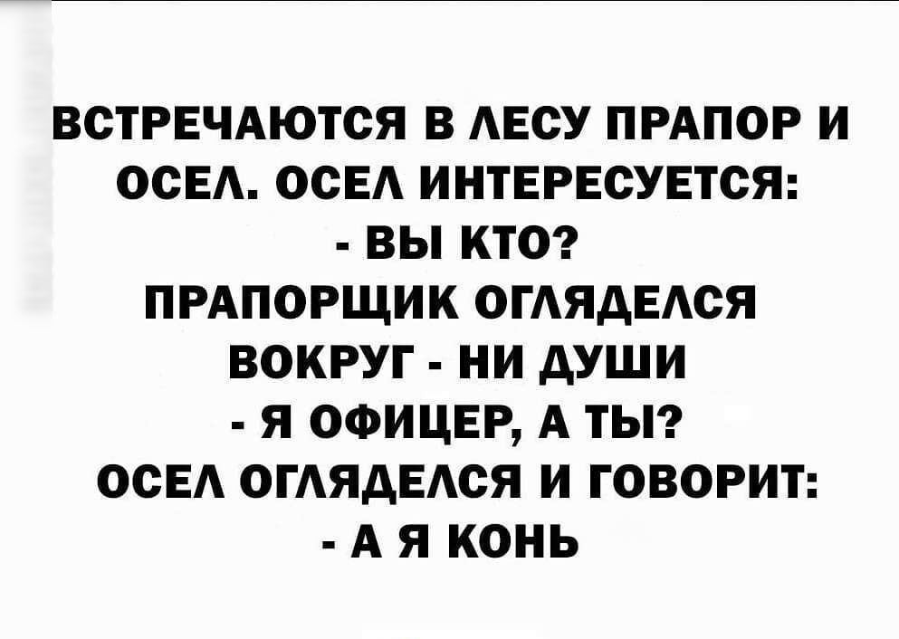 ВОТРЕЧАЮТСЯ В АЕСУ ПРАПОР И ООЕА ОСЕА ИНТЕРЕСУЕТСЯ ВЫ КТО ПРАПОРЩИК ОГАЯДЕАСЯ ВОКРУГ НИ дУШИ Я ОФИЦЕР А ТЫ ОСЕА ОГАЯДЕАСЯ И ГОВОРИТ А Я КОНЬ