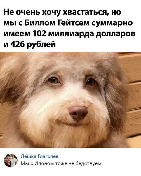 Не очень хочу хвастаться но мы с Биллом Гейтсем суммарно имеем 102 миллиарда долларов и 426 рублей Лёшка Глаголев Мы Ипоном тоже не бедствуем