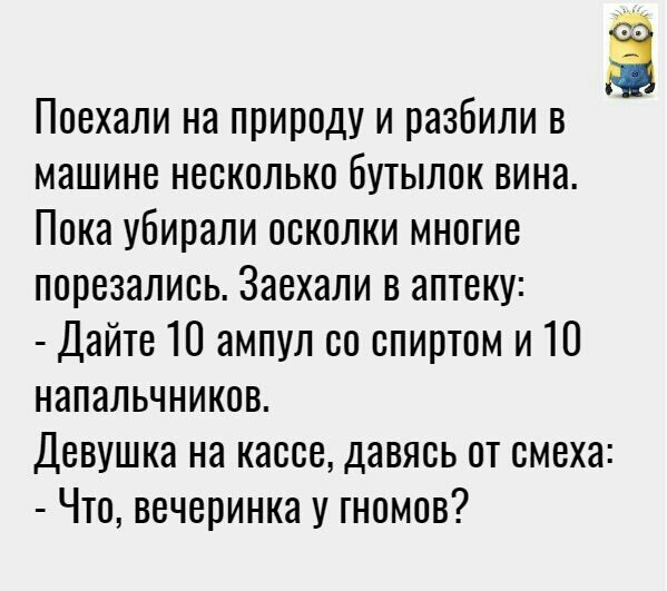 Ё Поехали на природу и разбили в машине несколько Бутылок вина Пока убирали осколки многие порезалиоь Заехали в аптеку Дайте 10 ампул со спиртом и 10 напальчников Девушка на кассе давяоь от смеха Что вечеринка у гномов