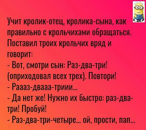 Учит кролик отец кролика сына как правильно с кропьчихами обращаться Поставил троих кропьчих вряд и говорит Вот смотри сын Раз два три оприходовал всех трех Повтори Раааз двааа триии да нет же Нужно их быстро раз два три Пробуй Разтдва три четыре ой прости пап