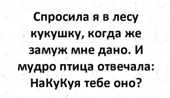 Спросила я в лесу кукушку когда же замуж мне дано И мудро птица отвечала НаКуКуя тебе оно