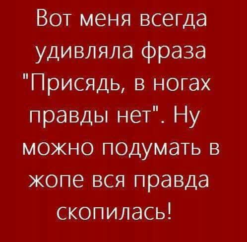 Вот меня всегда удивляла фраза Присядь в ногах правды нет Ну можно подумать в жопе вся правда скопилась