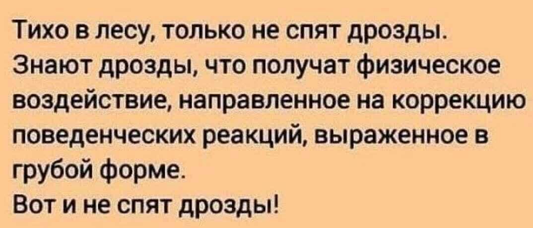 Тихо в лесу только не спят дрозды Знают дрозды что получат физическое воздействие направленное на коррекцию поведенческих реакций выраженное в грубой форме Вот и не спят дрозды