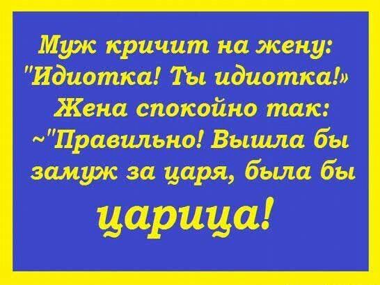 Муж кричит на жену Идиотка Ты идиотка Жена спокойно так Правильно Вышла бы замуж за царя была бы царица