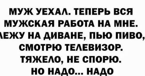 МУЖ УЕХАА ТЕПЕРЬ ВСЯ МУЖСКАЯ РАБОТА НА МНЕ ЕЖУ НА дИВАНЕ ПЬЮ ПИВО СМОТРЮ ТЕАЕВИЗОР ТЯЖЕАО НЕ СПОРЮ НО НАДО НАДО