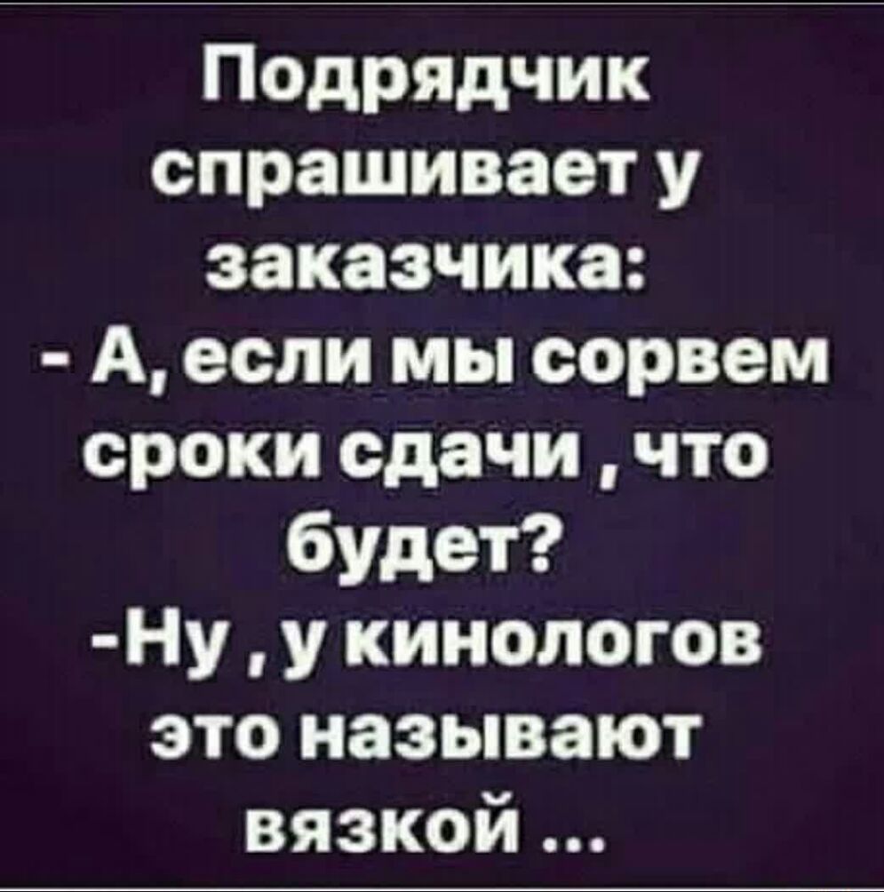 Подрядчик спрашивает у заказчика А если мы оорвем сроки сдачи что будет Ну у кинологов это называют вязкой