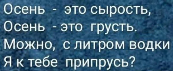Осень это сырость Осень это грусть Можно с литром водки Я к тебе припрусь