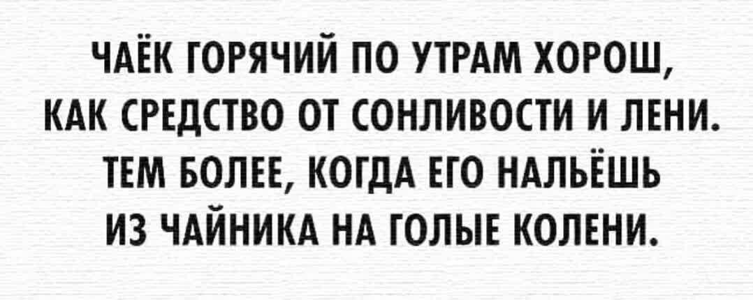 ЧАЕК ГОРЯЧИЙ ПО УТРАМ ХОРОШ КАК СРЕДСТВО ОТ СОНЛИВОСТИ И ЛЕНИ ТЕМ БОЛЕЕ КОГДА ЕГО НАЛЬЕШЬ ИЗ ЧАЙНИКА НА ГОЛЫЕ КОЛЕНИ