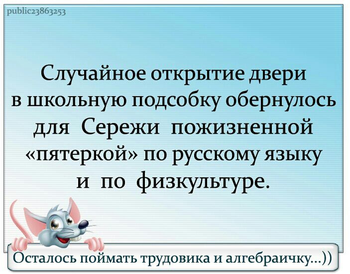 рЦЫіс23363253 Случайное открытие двери в школьную подсобку обернулось для Сережи пожизненной пятеркой по русскому языку и по физкультуре Ед Осталось поймать трудовика и алгебраичку