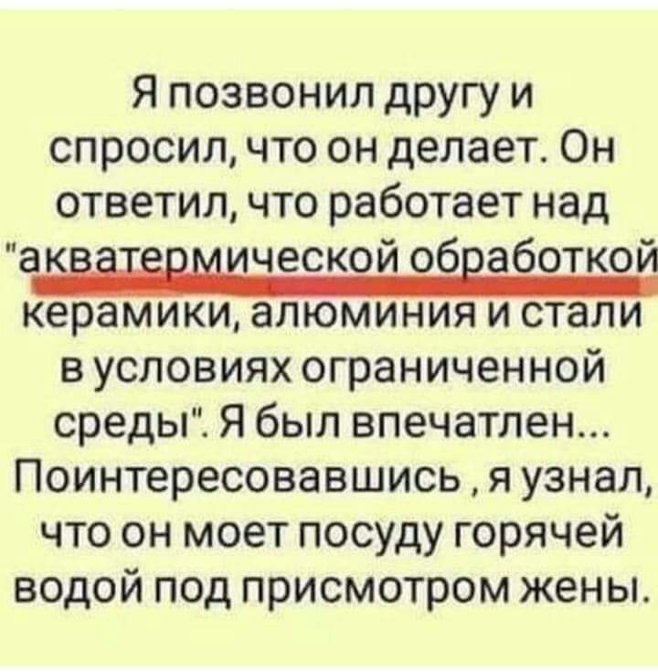 Я позвонил другу и спросил что он делает Он ответил что работает над аёіідпиической обработкой керамики алюминия и стали в условиях ограниченной среды Я был впечатлен Поинтересовавшись я узнал что он моет посуду горячей водой под присмотром жены
