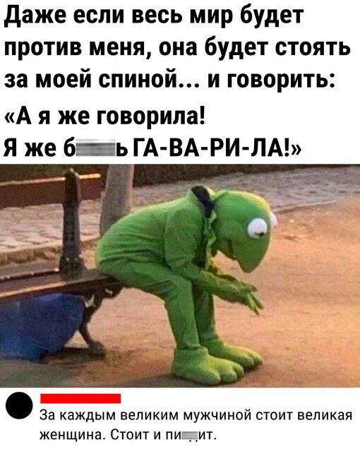 даже если весь мир будет против меня она будет стоять за моей спиной и говорить А я же говорила Я же б ь ГА ВАРИ ЛА за каждым великим мужчиной стоит великая женщина Стоит и питит