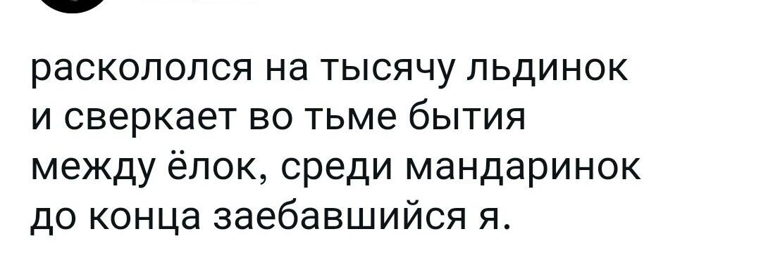 раскололся на тысячу пьдинок и сверкает во тьме бытия между ёлок среди мандаринок до конца заебавшийся я