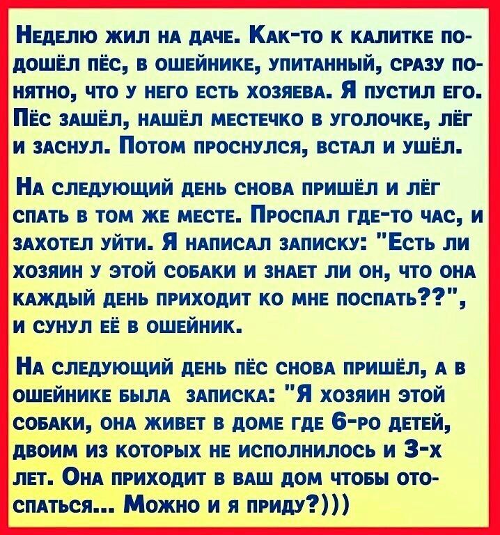 НЕДЕЛЮ жил нА Кпк то к щитки по дошёл пЁс в ОШЕЙИИКЕ упитдииый срш пач иятио что У пЕго есть колеи я пустил ЕГО ПЁс здшЁп нАшЁл икствчко в полочке лЁг и сны Потом проснулся исты и ушёл Нд спшющий пЕиь сноп пришёл и лЁг СПАТЬ ТОМ ЖЕ МЕШЕ РОС ГДЕ ТО ЧАС И шотвл уйчи я ндписдл дписку Есть ли хозяин у этой сопки и видит ли он что онд пятый день приходит ко ПМЕ посппь и сунул ЕЁ ОШЕйник А слгдующий ден