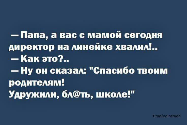 Папа вас с мамой сегодня директор иа Аииейке хвалил Как это Ну он сказан Спасибо твоим родителям Удружим 6лть школе