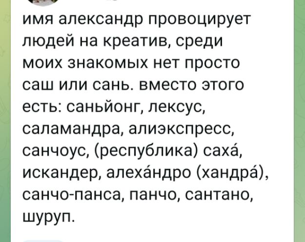 имя александр провоцирует людей на креатив среди моих знакомых нет просто саш или сань вместо этого есть саньйонг лексус сапамандра алиэкспресс санчоус республика сахё искандер алехандро хандра санчо панса панчо сантано шуруп