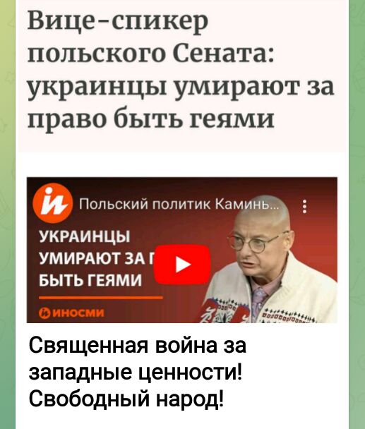 Вицеспикер польского Сената украинцы умирают за право быть геями Попьскии полип Камины УКРАИНЦЫ УМИРАЮТ ЗА БЫТЬ ГЕЯМИ Священная война за западные ценности Свободный народ