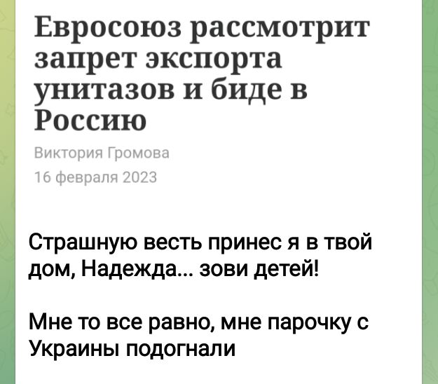 Евросоюз рассмотрит запрет экспорта унитазов и биде в Россию Страшную весть принес я в твой дом Надежда зови детей Мне то все равно мне парочку с Украины подогнали